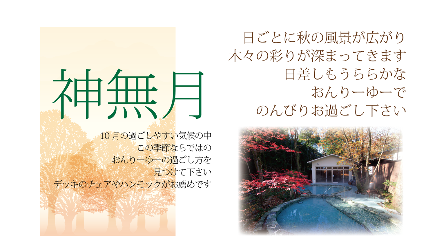 10月のおんりーゆー 神奈川県日帰り温泉 美肌の湯 あしがらの温泉 おんり ゆ